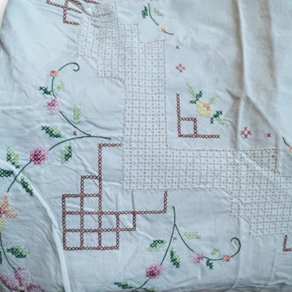 Vintage Tablecloth Hand Embroidered Floral CrossStitch  50” Sewing Upcycle craft - Picture 14 of 14